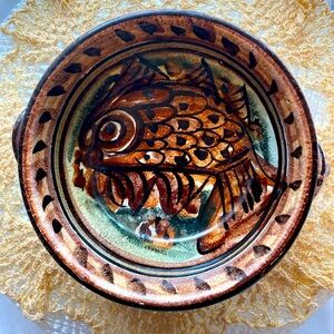 Vintage 1983 Porches Pottery Fish Design Serving Dish with handles, Portugal